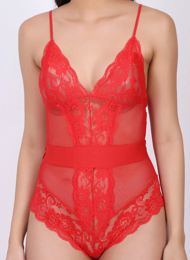 Laceandme Laceandme Red Self Design Baby Doll